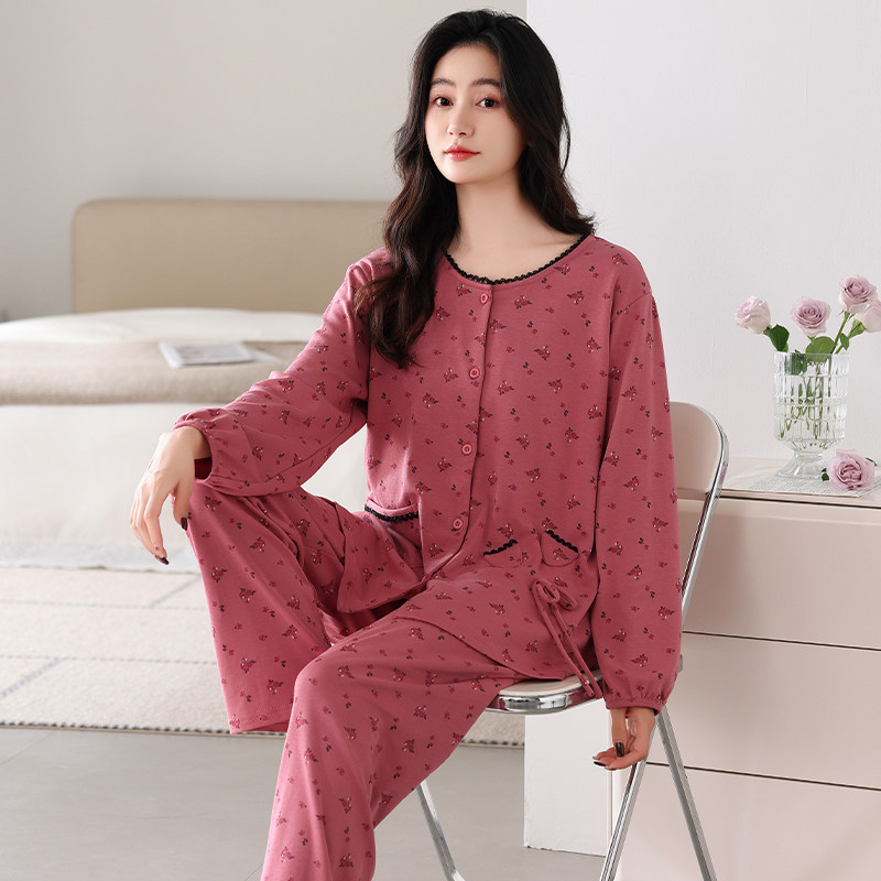 迪丝兰黛纯棉睡衣女春秋款中年妈妈女士碎花全棉秋冬季开衫长袖