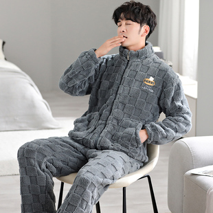 高领睡衣秋冬款珊瑚绒加厚加绒拉链男士长毛绒冬季套装运动可外穿