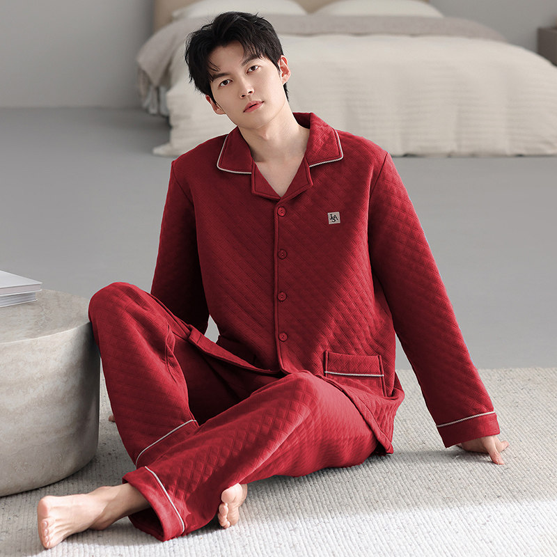 红色本命年男士空气棉夹层睡衣秋冬季开衫式三层保暖家居服套装