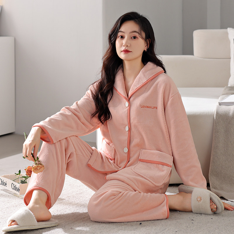 高档珊瑚绒睡衣女套装秋冬季加厚保暖长袖开衫亲肤绒家居服可外穿