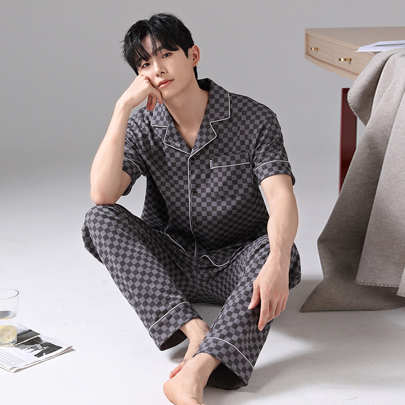 100%棉男士睡衣春季纯棉短袖长裤开衫格子宽松薄款休闲家居服套装