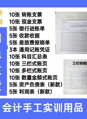 会计实训手工账现金转账银行进账单练习支票报表三栏多栏数量金额
