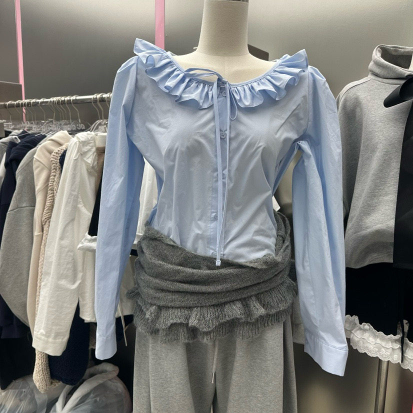 韩国东大门JUDYQUE2026春季新款荷叶边长袖套头甜美白衬衫上衣女