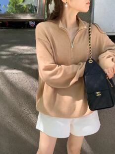 韩国东大门代购ounce2026新款春秋宽松拉链翻领慵懒风针织套头衫