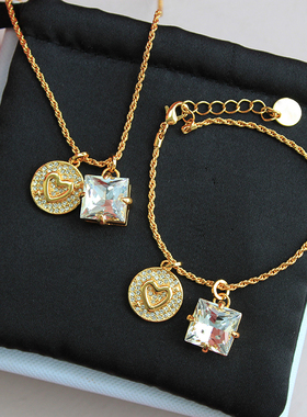 高质量甜欧美一箭穿爱心圆盘镶钻方形吊坠手长项链毛衣糖闪耀金属