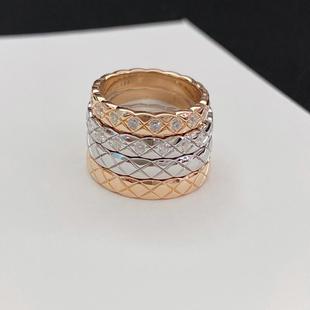高质量925银菱格条纹宽错位镶钻戒指环玫瑰金欧美复古女时尚 髦女