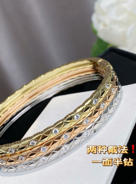 白兔家高品质！镶钻菱格纹玫瑰金银手镯精工版本女简约时髦尚欧美