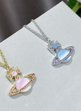 白兔家高品质！细节控！粉蓝色土星球镶钻少女朋克锁骨项链女可爱