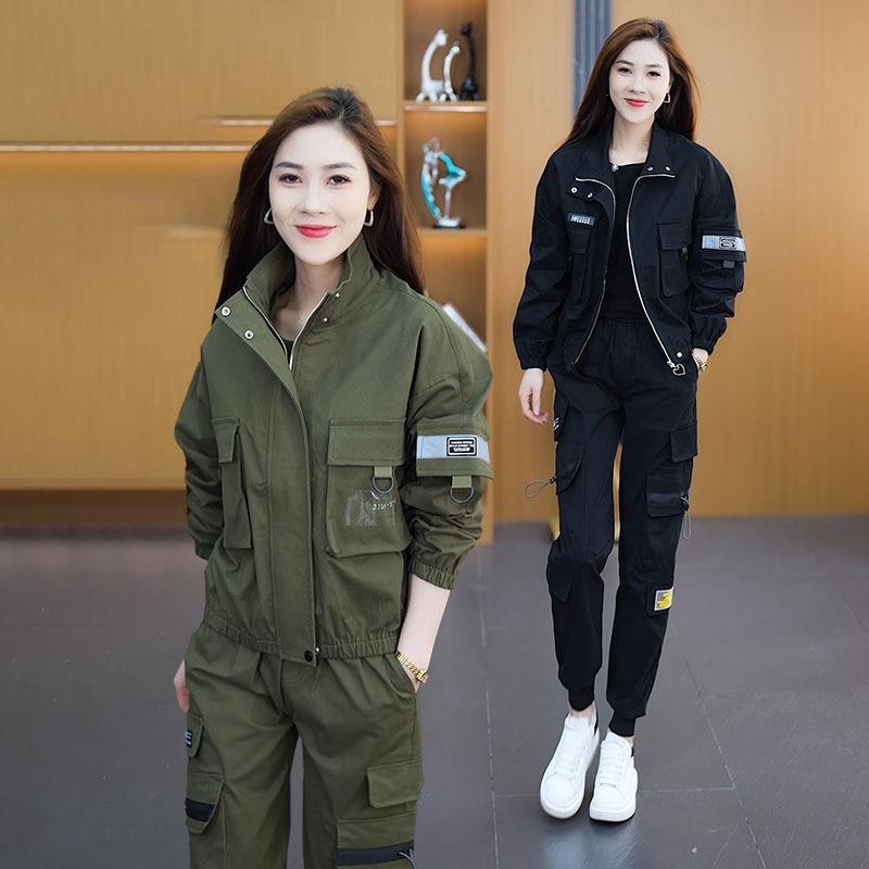 个性夹克套装女秋冬短款三件套