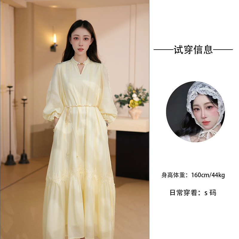 奈希米莱春夏2026长袖设计气质温柔风A字裙仙女刺绣莱宴会连衣裙