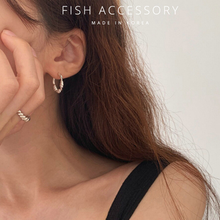 韩国进口925银法式 麻花扭纹设计感女高级耳环复古简约圆环耳饰