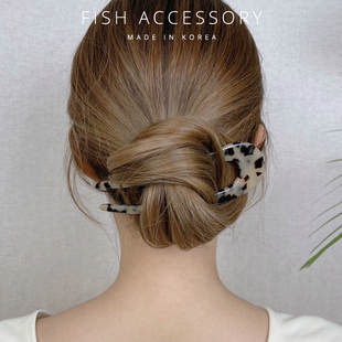 韩国进口France金标法式 发簪气质女水墨玳瑁U形日系大号盘发簪子