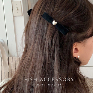 韩国进口黑色丝绒蝴蝶结发夹爱心圆形珍珠边夹可爱甜美侧边刘海夹