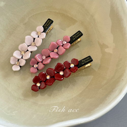 韩国樱花粉酒红小花朵边夹发夹