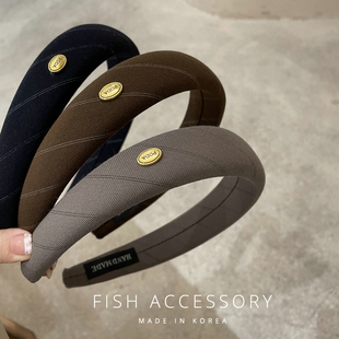 韩国进口复古格纹莫兰迪色小金标条纹宽边海绵高颅顶气质发箍头箍