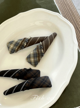 韩国东大门欧尼同款棕绿色拼布穗穗格子BB夹刘海夹侧边发夹对夹