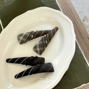 韩国东大门欧尼同款 棕绿色拼布穗穗格子BB夹刘海夹侧边发夹对夹