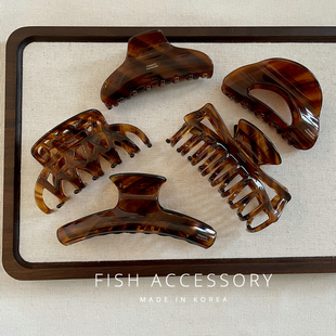 气质中古风发抓 优雅鲨鱼夹焦糖线条茶棕色盘发抓夹 韩国进口法式