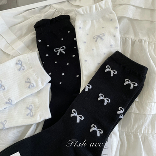 韩国东大门进口银色小亮丝蝴蝶结刺绣中筒袜子甜美花边百搭女袜