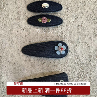 韩国进口春季 新复古小众牛仔小花朵蝴蝶结边夹刘海夹侧边发夹