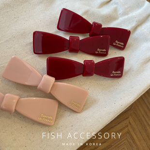 韩国进口复古温柔质感酒红色蝴蝶结边夹女法式 ins风弹簧树脂发夹