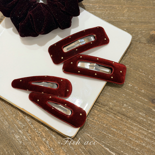 韩国进口新年圣诞气质红酒红丝绒金色点缀百搭过年发夹侧边刘海夹