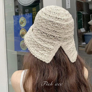 韩国进口开叉亚麻钩花镂空遮阳帽子度假防晒博主同款便携渔夫帽