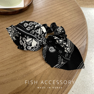 韩国进口民族风黑白印花蝴蝶结头绳慵懒风高颅顶马尾扎头发发圈女