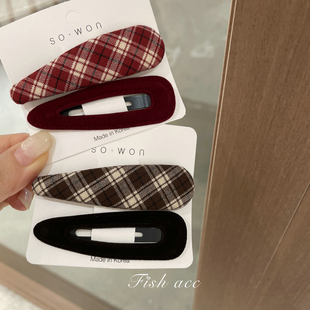 韩国进口秋冬圣诞节日氛围格纹丝绒温暖两件套发夹边夹BB刘海夹