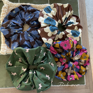 韩国进口发圈复古油画感印花小众碎花棉麻布艺气质大肠圈头花