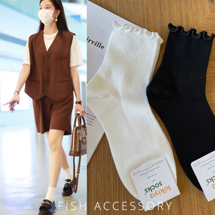 韩国进口CICI宋妍霏同款 棉袜波浪边纯色日常通勤气质中筒袜女袜子