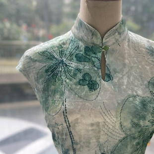 JULEE定制【翡翠青染】印花弹力丝绒小包肩袖中长款旗袍