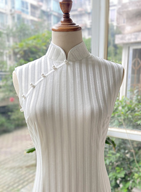 JULEE定制白色条纹弹力丝绒修身改良复古日常可穿长款旗袍