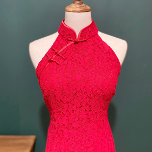 JULEE定制重磅龙骨蕾丝削肩修身正红敬酒服旗袍宴会小礼服连衣裙