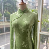 JULEE定制竹叶压花弹力丝绒新中式 国风青竹连衣裙 改良旗袍修身