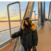 冬季 新款 大毛领女冬季 彧言 加厚保暖白鹅绒牛角扣连帽羽绒服短款