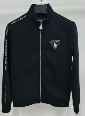 法国CCJK786男士黑色秋季新款针织立领烫钻印花胸前皮标夹克