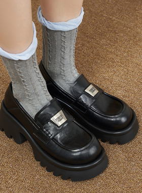 玛速主义单鞋女春季2026年新款厚底粗跟乐福鞋休闲百搭黑色小皮鞋