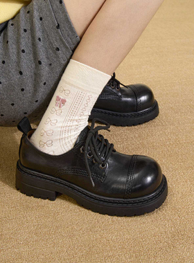 玛速主义2026年春季新款厚底粗跟系带乐福鞋黑色小皮鞋休闲单鞋女