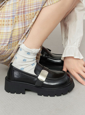 玛速主义2026年春季新款厚底粗跟乐福鞋黑色百搭小皮鞋一脚蹬单鞋