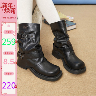 玛速主义2025年冬季 复古百搭骑士靴厚底粗跟中筒靴显瘦堆堆靴 新款