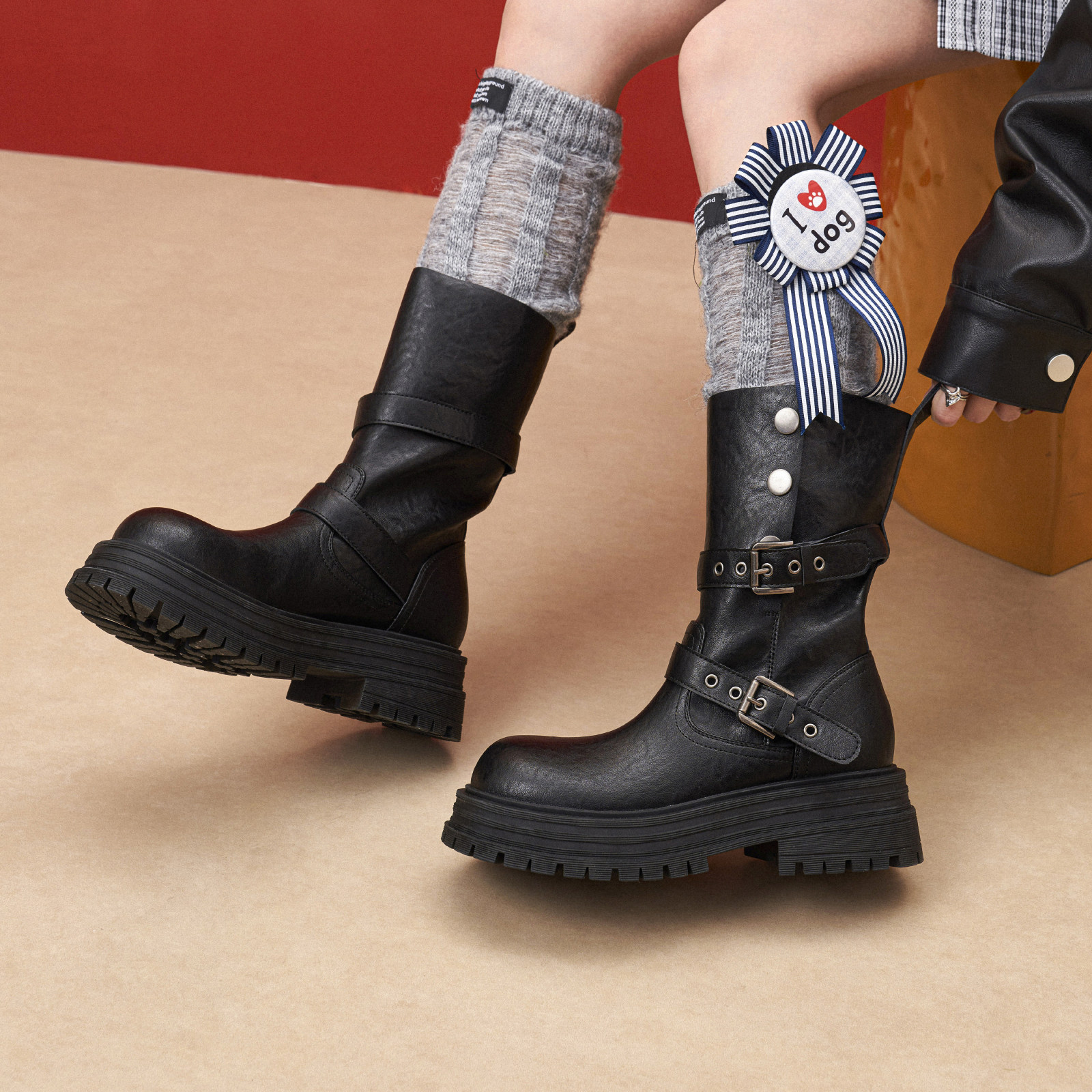玛速主义2026新款厚底粗跟骑士靴休闲百搭中筒马丁靴黑色短靴女春