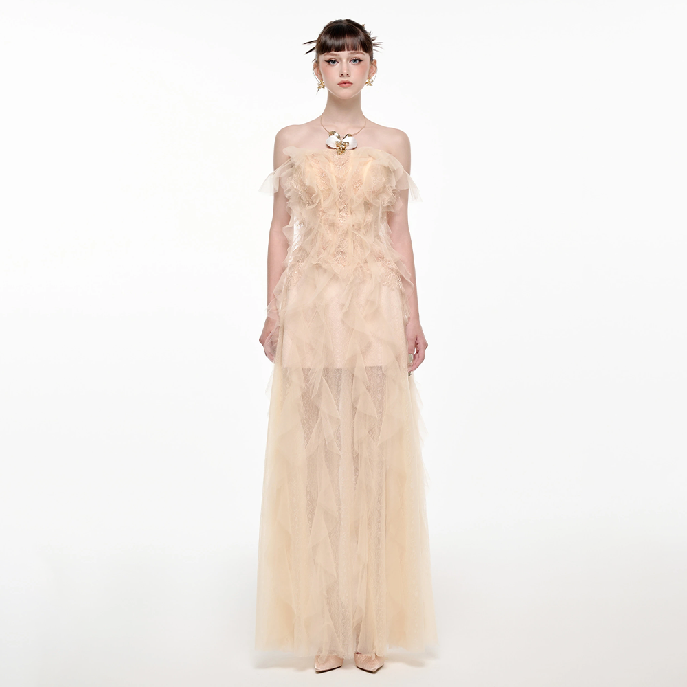 Josephine正品授权女礼服连衣裙肤色网纱一字肩仙女气质