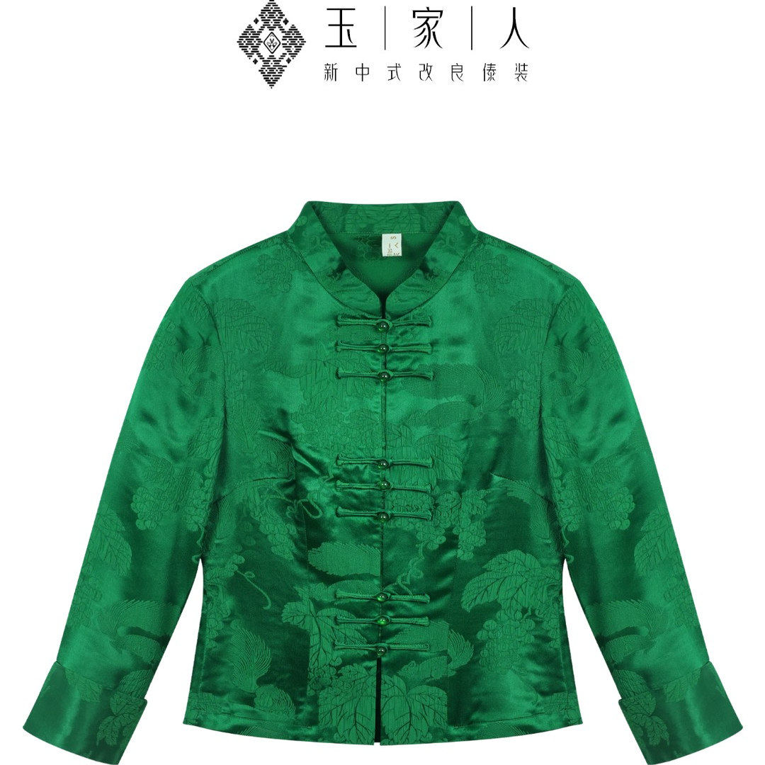 玉家人【曼谷】绿色桑蚕丝九颗手工盘扣傣族服装改良服饰气质国风