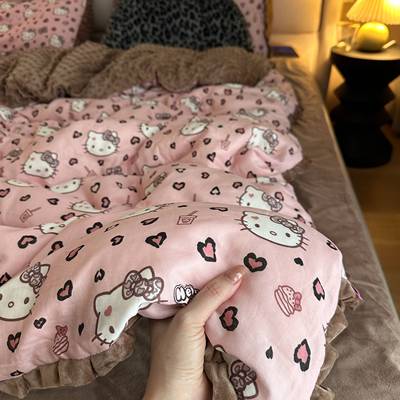 【我的KT公主/红丝绒KT/豹纹绒】全棉双层纱豆豆绒秋冬保暖四件套