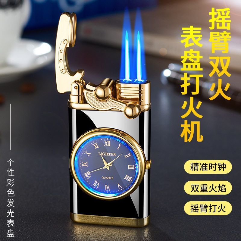 HF615A彩灯手表摇臂双直冲防风充气打火机可激光雕刻LOGO广告批发