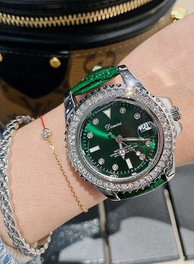 蒂米妮新款绿色皮表带镶钻女士日历手表气质潮流时尚银色小绿表
