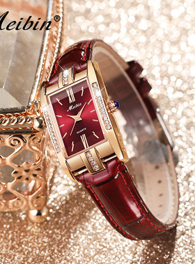 方形复古红色皮带手表简约气质轻奢简约大气镶钻女士腕表钢带防水