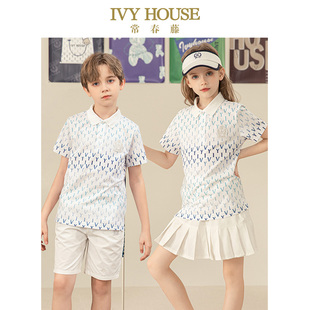 HOUSE常春藤儿童装 新款 IVY 男女童夏季 T恤 渐变老花满印短袖 POLO衫
