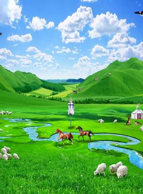 定制类FJ01168马群蒙古草原牧场蒙古包山水风景草地八骏背景墙